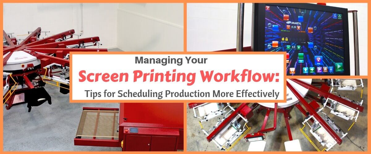 Guide on managing screen printing workflow with tips for effective production scheduling, featuring red printing presses and a digital control panel.