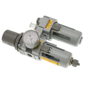 Main air regulator with filter and lubricator, integrated pneumatic system component for controlling air pressure, filtering impurities, and lubricating machinery